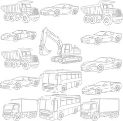 Naklejka premium Collection of detailed hand drawn line art illustrations of various construction vehicles and trucks on a white background