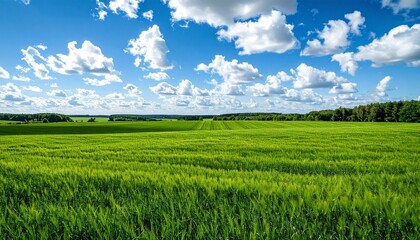 Obraz premium Serene Green Field Under a Bright Sunny Sky Peaceful Nature Landscape.