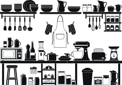 Silhouette of a fully equipped modern kitchen with various appliances utensils and cookware displayed on shelves and countertops