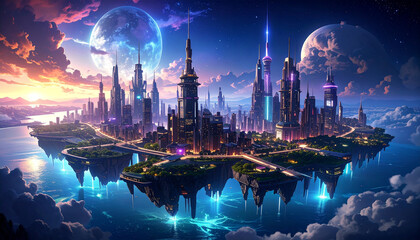 Obraz premium A futuristic cityscape with towering buildings and bright lights on an island with moons and clouds in the sky at night