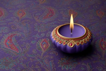 A lit purple candle embellished with gold and red rests on a matching paisley patterned surface
