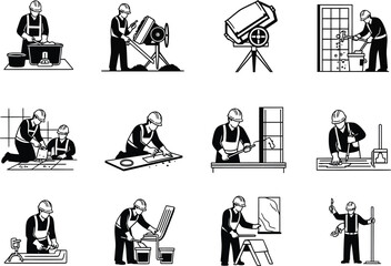 Vintage illustration of twelve different professions and occupations depicted in a grid format with black and white line art style