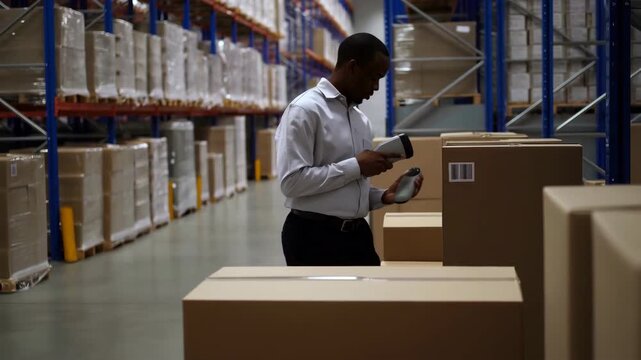 Warehouse worker scanning packages with barcode scanner