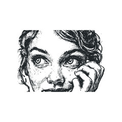 Intimate Black and White Sketch of Young Woman's Expressive Eyes and Hand