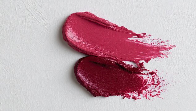 Two lipstick swatches vibrant pink and deep red hues, on a white surface