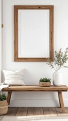 Modern Minimalist Home Decor Mockup with Wooden Bench and Frame.