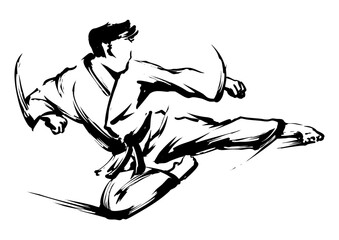 Martial Artist Flying Kick Sumi-e Illustration