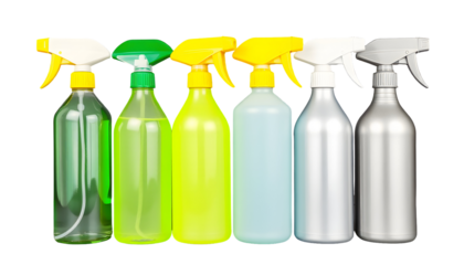 Assortment of colorful spray bottles, cleaning supplies