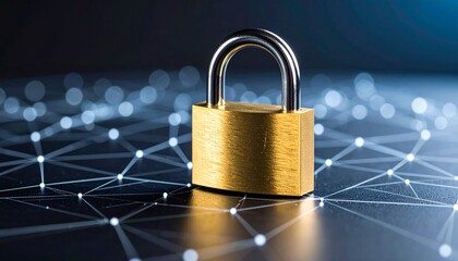 Gold Padlock on Dark Surface with Network Connections, A golden lock symbol shining on a vibrant blue digital grid with particle effects, Generated with AI.