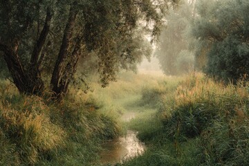 Obraz premium Misty forest stream. Lush greenery