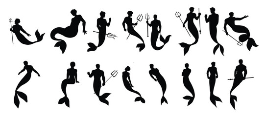 set of silhouette of merman. mermaid man hold trident isolated background.