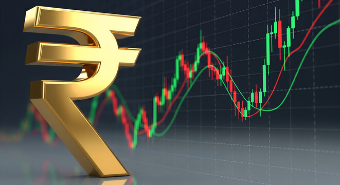 Golden Indian Rupee Symbol and Stock Market Chart: INR Performance