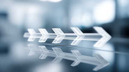 Close-up of transparent arrows symbolizing direction and progress in a modern office space.