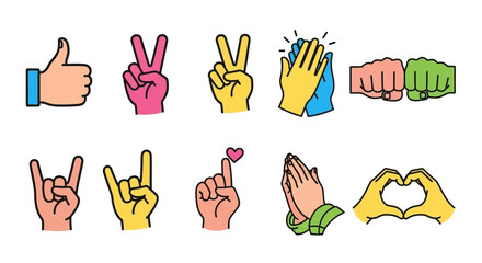 Diverse hand gestures expressing approval, peace, love, and unity for social media designs
