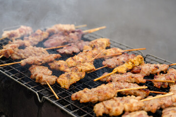 Fresh pork skewered on a charcoal. Thailand traditionally food, Thailand street food, pork are grill with sweet sauce.
