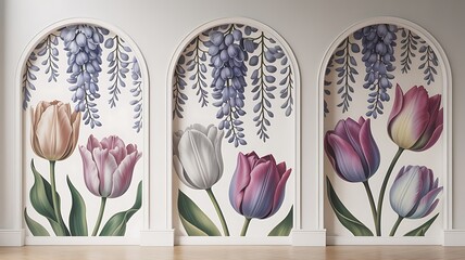Ai generated image of floral wallpaper with tulips and wisteria in arched niches