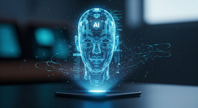 Futuristic ai head hologram projection on a smartphone screen, artificial intelligence and machine learning concept, future technology