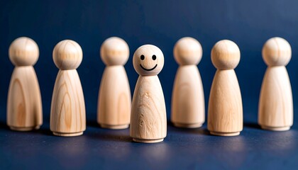 Happy Person Standing Out from the Crowd Wooden Figures.