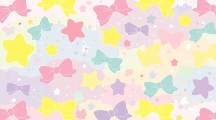 Colorful abstract design with playful bows and stars in soft pastel shades of pink, yellow, blue,