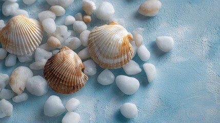 Seashells with pebbles on a blue surface