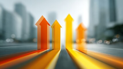 Dynamic upward arrows symbolize growth and success in a modern urban setting.