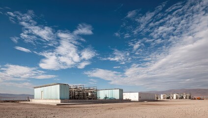 Fototapeta premium Industrial complex under blue sky, with tanks and pipelines, remote location