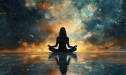 Female silhouette in lotus position, meditating within a surreal environment. The image conveys tranquility, mental calm, and balance achieved through mindfulness and meditation, Generative AI