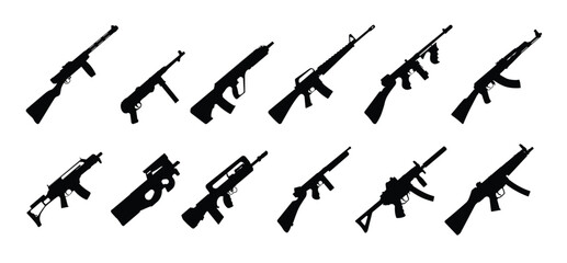 Collection of assault rifle silhouettes on white background 