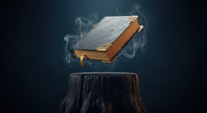 Ancient magical book levitates above a dark enchanted stump - Powered by Adobe