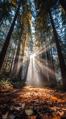 An autumn forest in the morning with golden sunrays in the fog, orange and brown leaves lying on the ground