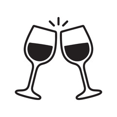 Stylized vector illustration of two wine glasses clinking, filled with red wine. A minimalist black and white design symbolizing celebration, toasting, and festive occasions.