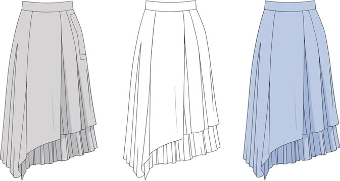 Asymmetrical pleated skirt flat sketch, layered design, pocket detail, women's fashion, vector illustration, CAD drawing, apparel design, technical flat drawing