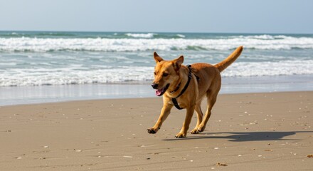 Red Dog Running on Sandy Beach near Ocean Waves