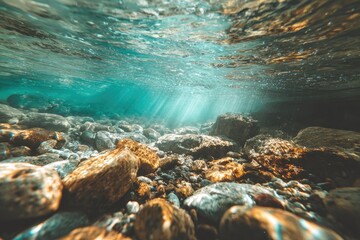 Underwater view of sunbeams through clear riverbed