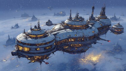 and keyword list based on the image
Futuristic Space Station Floating Above City Aerial View.