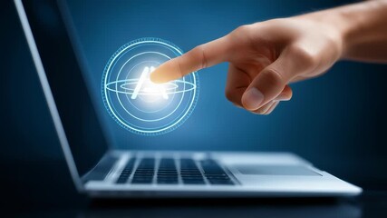 Finger gently touches laptop touchpad activating a glowing icon in a dark environment. This concept reflects technology engagement and digital innovation - Powered by Adobe