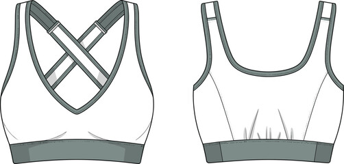 White and gray sports bra with crossed straps, activewear, fitness clothing, workout apparel, breathable fabric, gym outfit, vector illustration, CAD drawing.