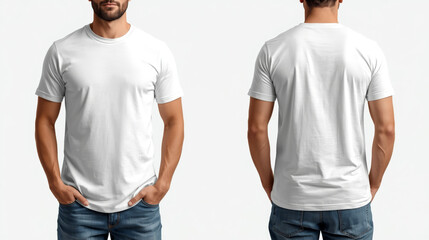White T-Shirt front and back, Mockup template for design print. man wearing a blank white t-shirt. The image is a side-by-side diptych, showing a front view on the left and a back view on the right