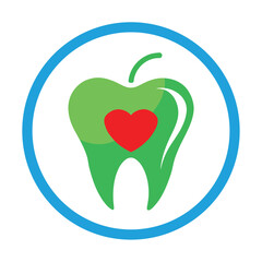 Green Tooth with Red Heart and Apple Shape representing Dental Health and Wellbeing in a Blue Circle Emblem