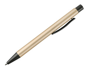 Golden ballpoint pen isolated on a transparent background. Full depth of field. PNG.