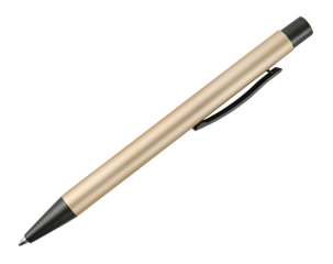 Golden ballpoint pen isolated on a transparent background. Full depth of field. PNG.