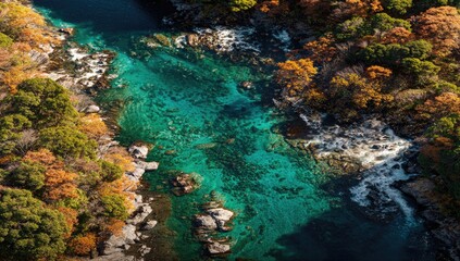 High-angle view of a vibrant turquoise river winding through autumn foliage