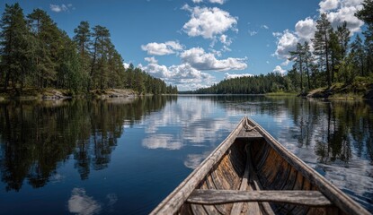 Obraz premium Calm lake, wooden boat, sunny day