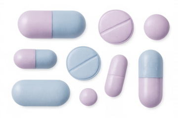 Various pastel-colored pills and capsules are displayed on a transparent background, offering versatile usage possibilities