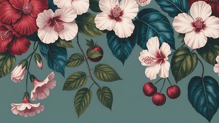 Ai generated image of vintage floral wallpaper with hibiscus, cherries, and leaves