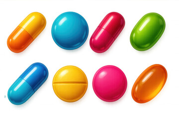 Vibrant pills and capsules represent pharmaceuticals, medicine, and healthcare, isolated on a transparent background for easy integration into various designs