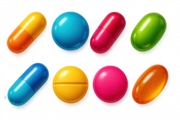 Vibrant pills and capsules represent pharmaceuticals, medicine, and healthcare, isolated on a transparent background for easy integration into various designs