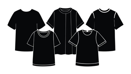 Vector art of a collection of five black t-shirts, showcasing different neckline styles.