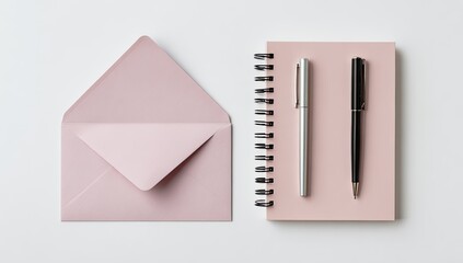 Stationary pink envelope, notepad, silver & black pens on white