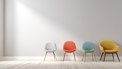 Four vibrant chairs in a sunlit modern waiting area